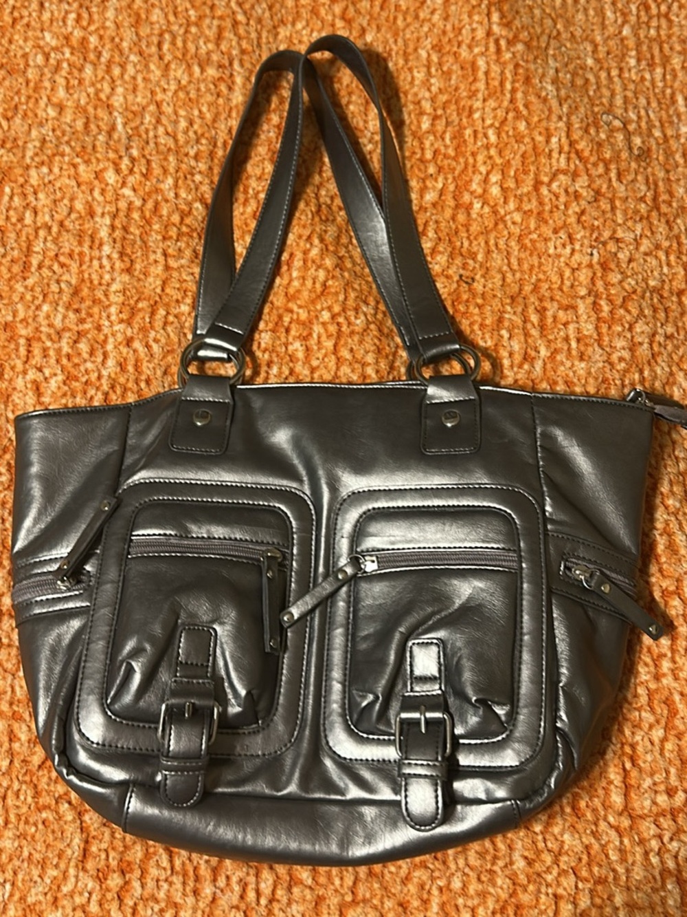 NWT Metallic Pewter Grey Multi-Pocket Shoulder Bag Tote 17" x 12"